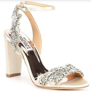 Badgley Mischka Libby Crystal Embellished Ankle Strap Satin Dress Heels